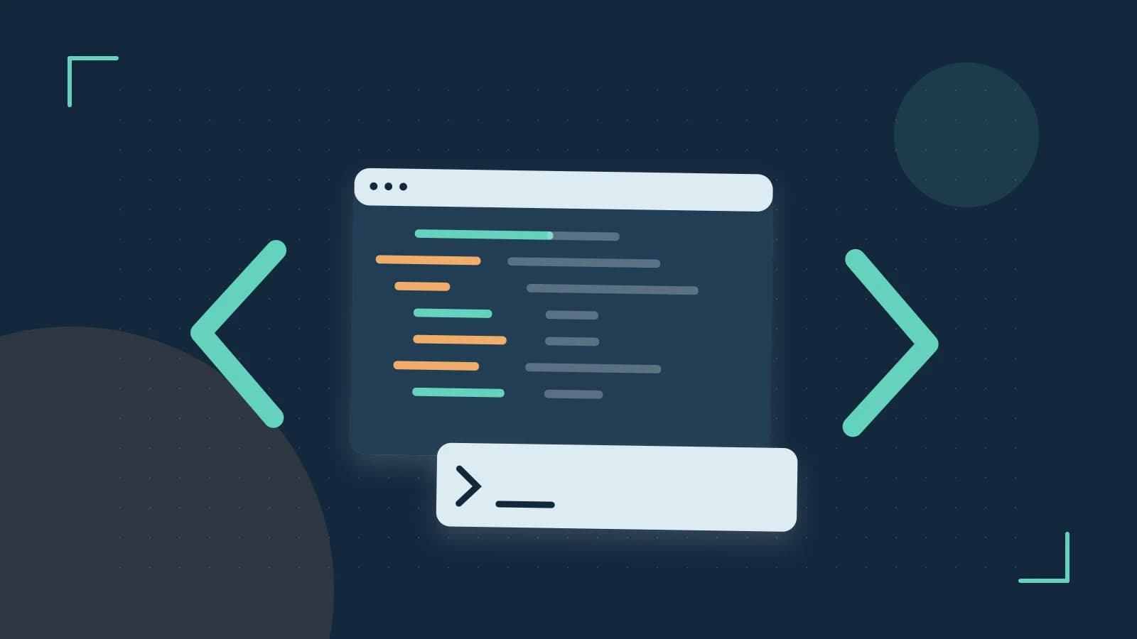 Editorial illustration of an abstract code editor, syntax blocks and oversized programming brackets
