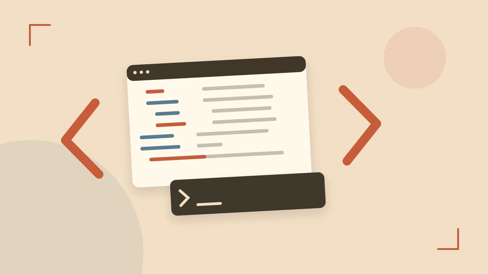 Editorial illustration of an abstract code editor, syntax blocks and oversized programming brackets