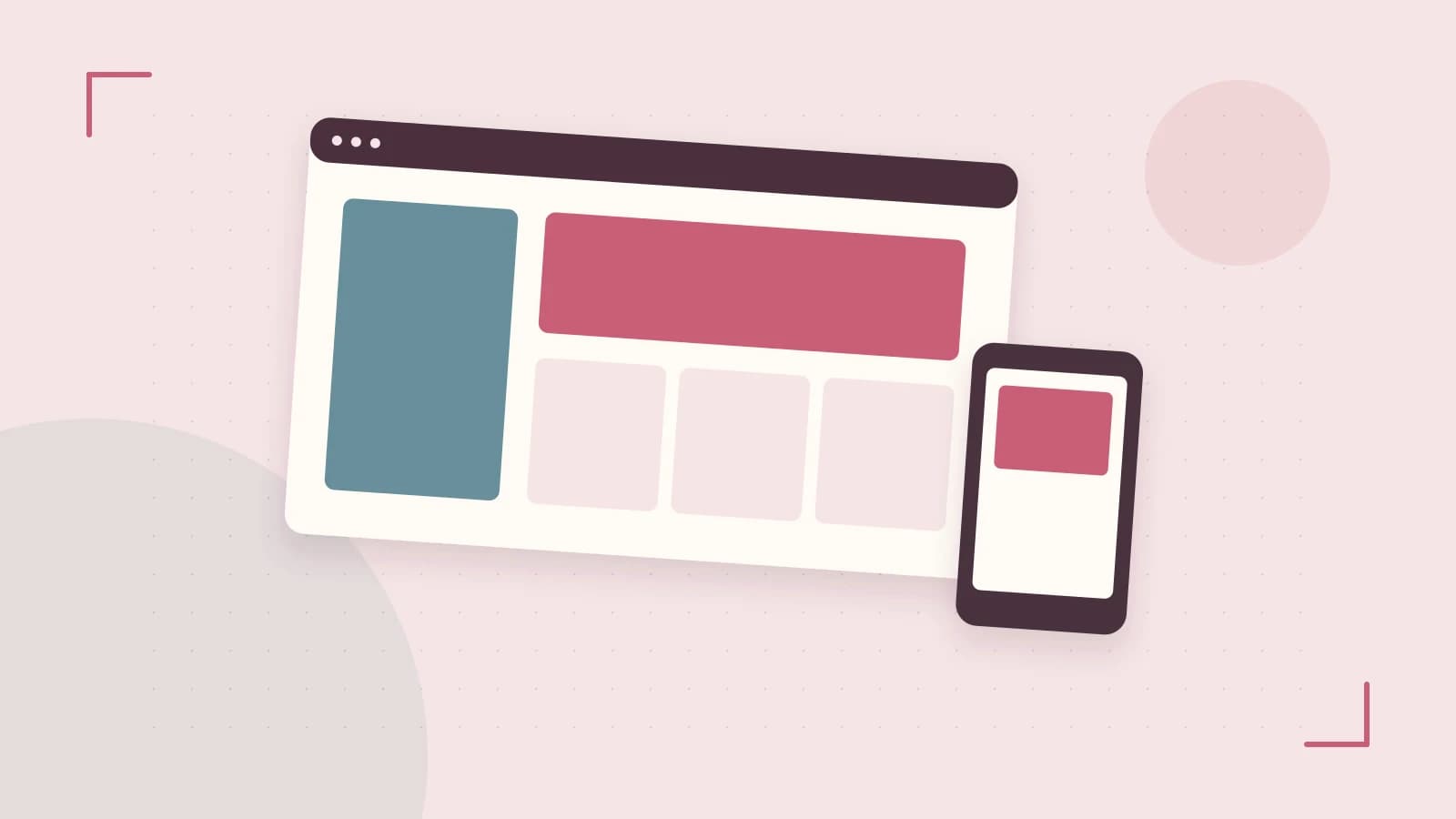 Editorial illustration of responsive browser layouts, overlapping design components and a color system