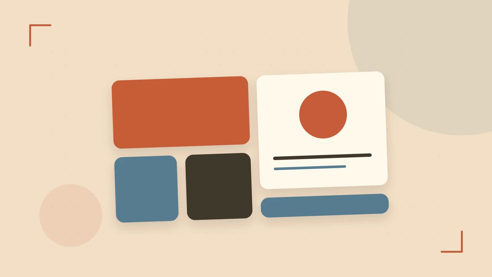 Editorial illustration of responsive browser layouts, overlapping design components and a color system