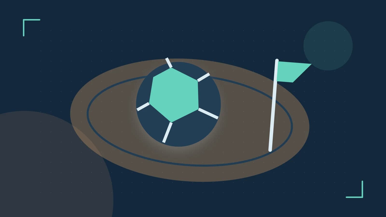Editorial illustration of a stylized sports ball, stadium geometry and dynamic arcs