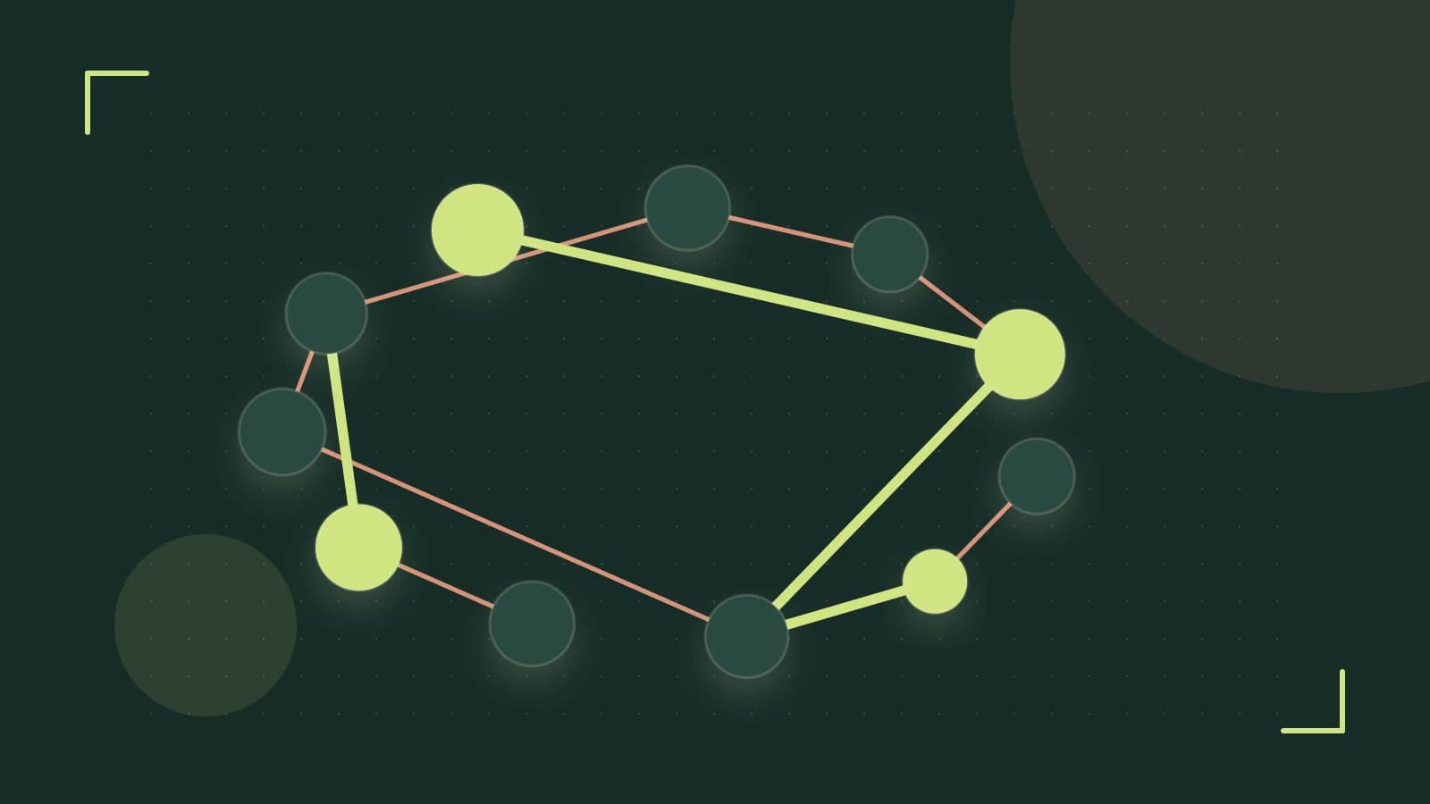 Editorial illustration of an algorithmic node graph with branching paths and a highlighted result