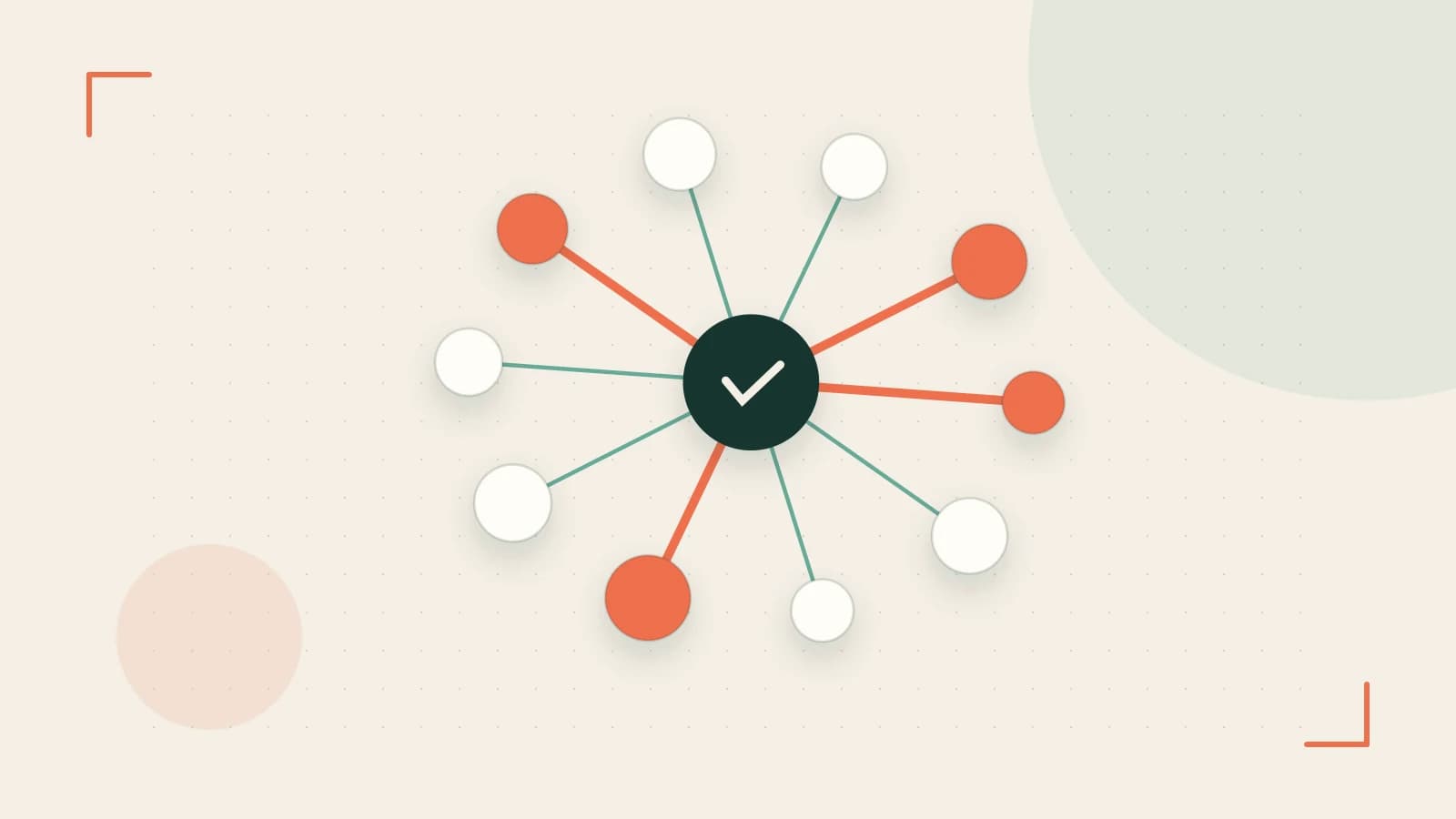 Editorial illustration of an algorithmic node graph with branching paths and a highlighted result