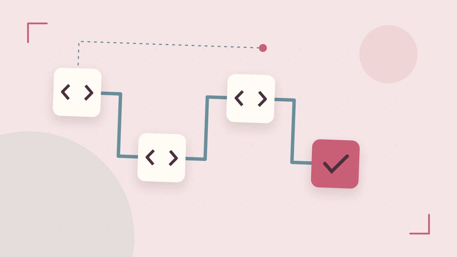 Editorial illustration of a branching build pipeline, staged transformations and a completed check
