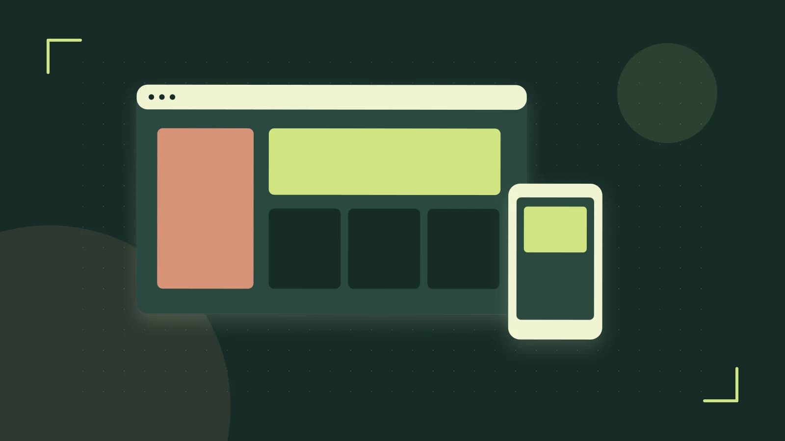 Editorial illustration of responsive browser layouts, overlapping design components and a color system