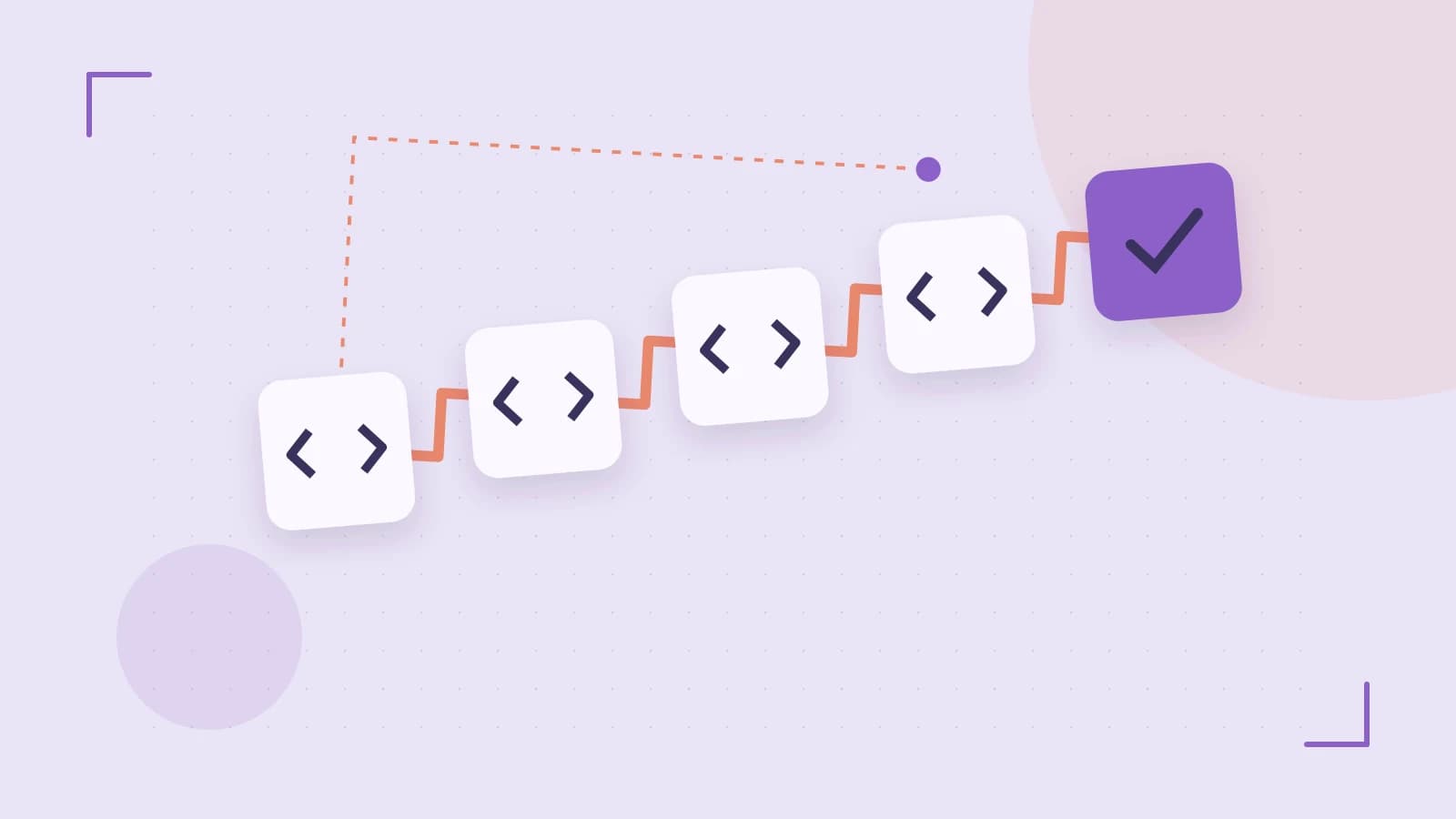 Editorial illustration of a branching build pipeline, staged transformations and a completed check