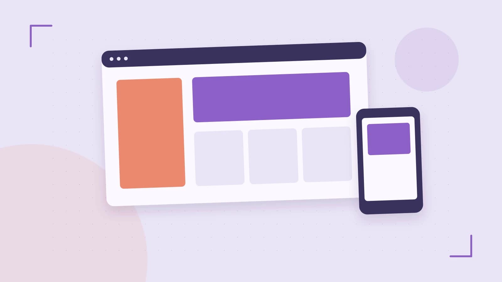 Editorial illustration of responsive browser layouts, overlapping design components and a color system