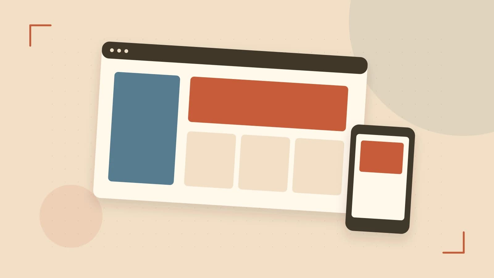 Editorial illustration of responsive browser layouts, overlapping design components and a color system