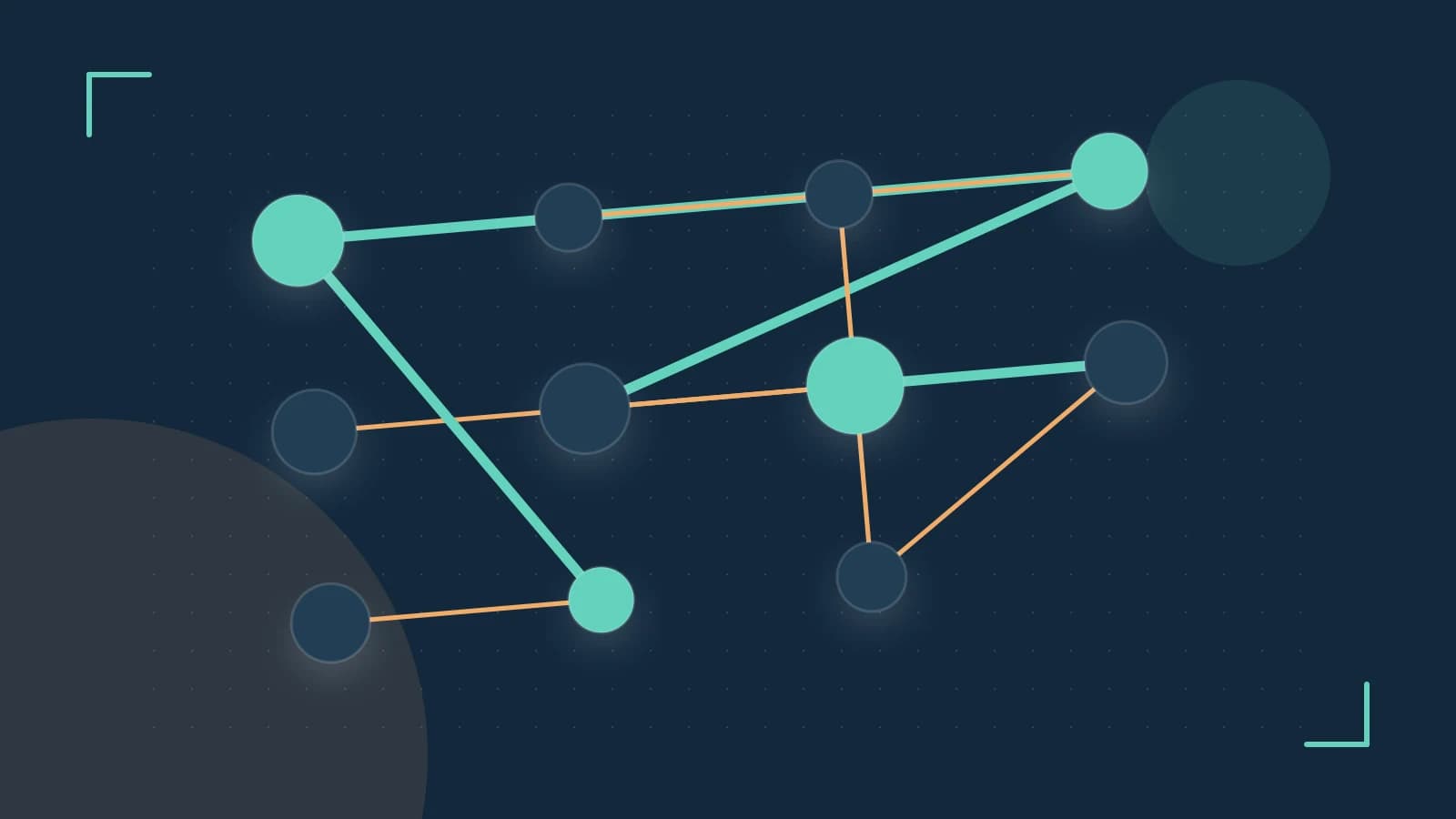 Editorial illustration of an algorithmic node graph with branching paths and a highlighted result