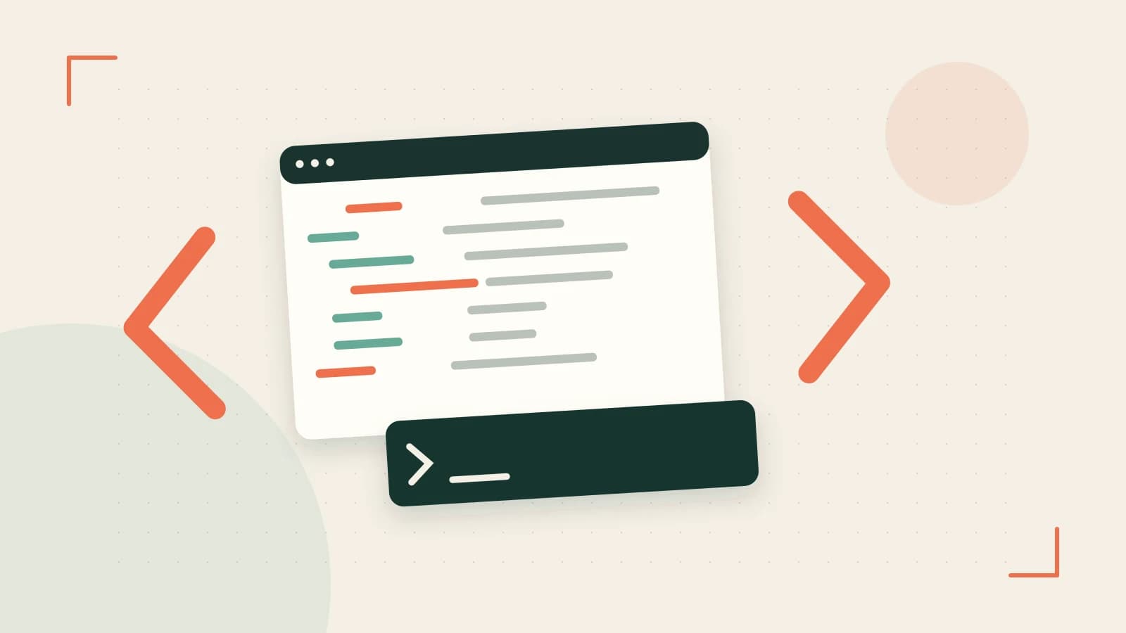Editorial illustration of an abstract code editor, syntax blocks and oversized programming brackets