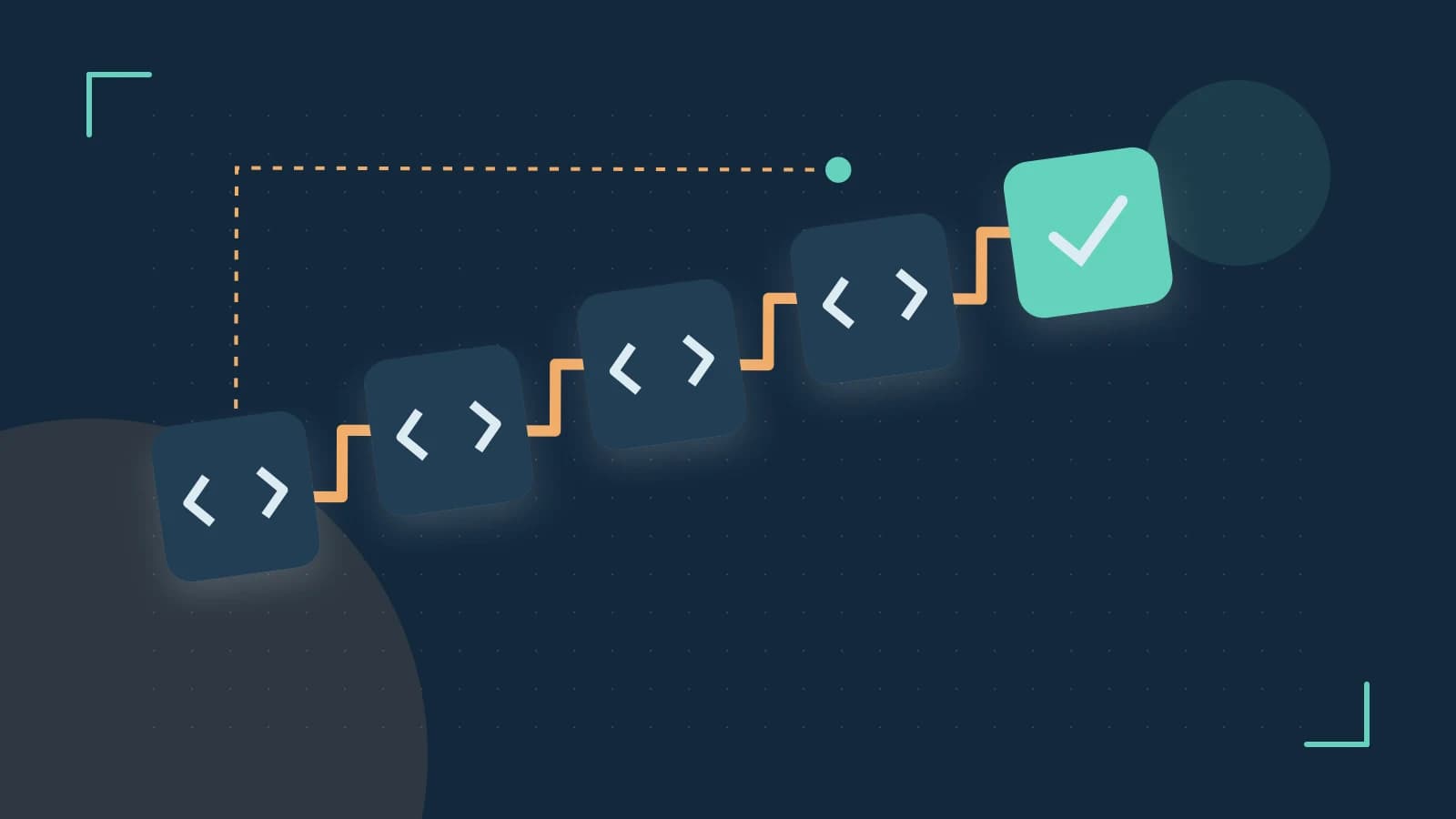 Editorial illustration of a branching build pipeline, staged transformations and a completed check