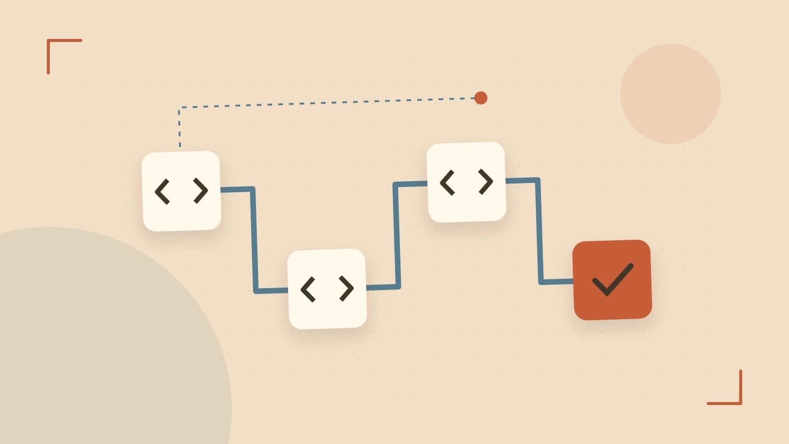 Editorial illustration of a branching build pipeline, staged transformations and a completed check
