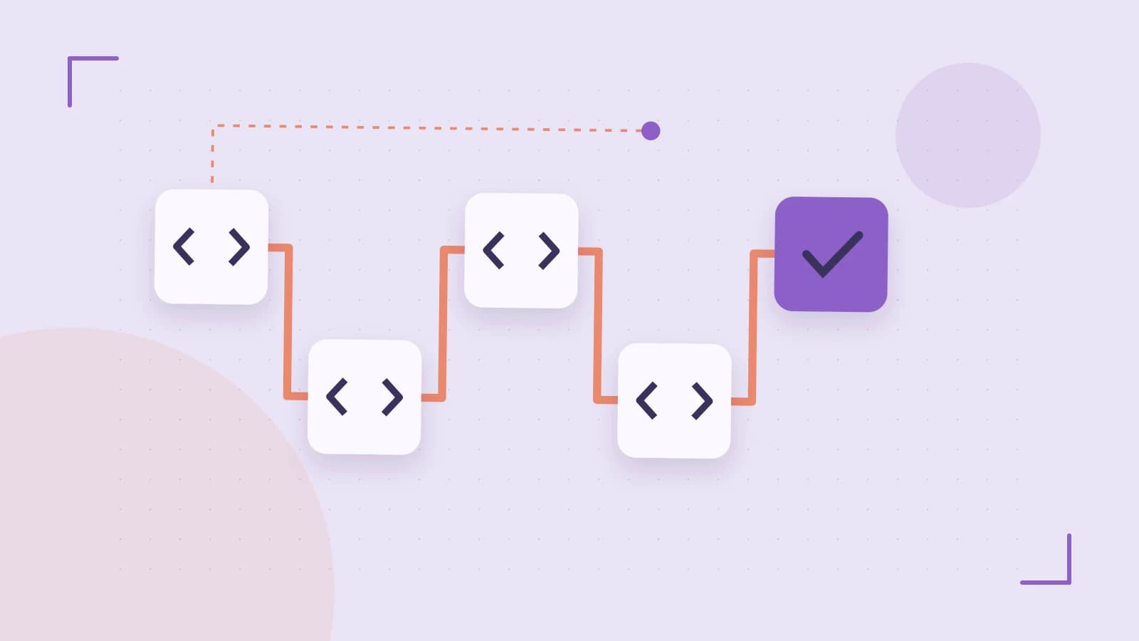 Editorial illustration of a branching build pipeline, staged transformations and a completed check