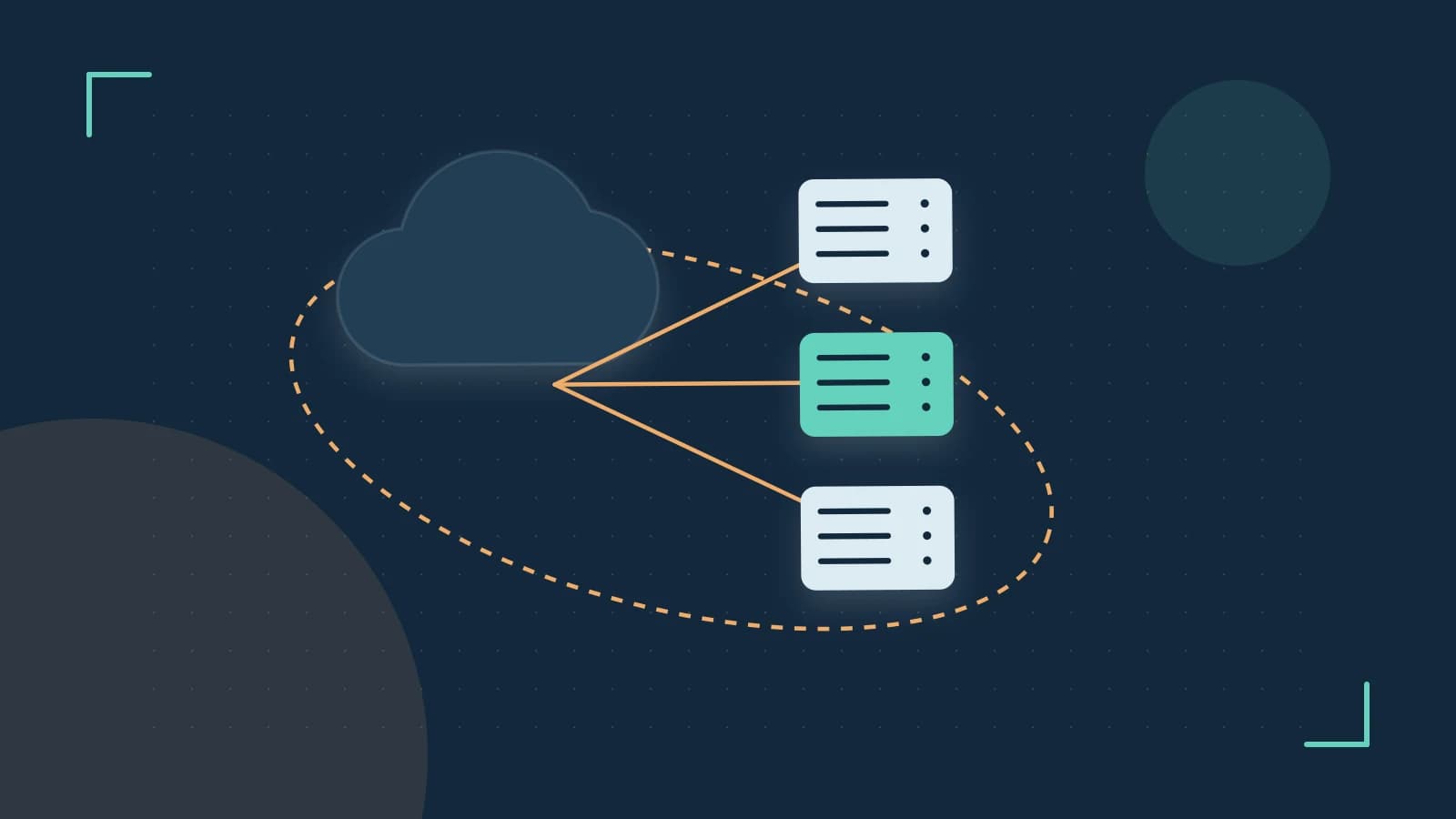 Editorial illustration of cloud infrastructure, connected server racks and an orbital service map