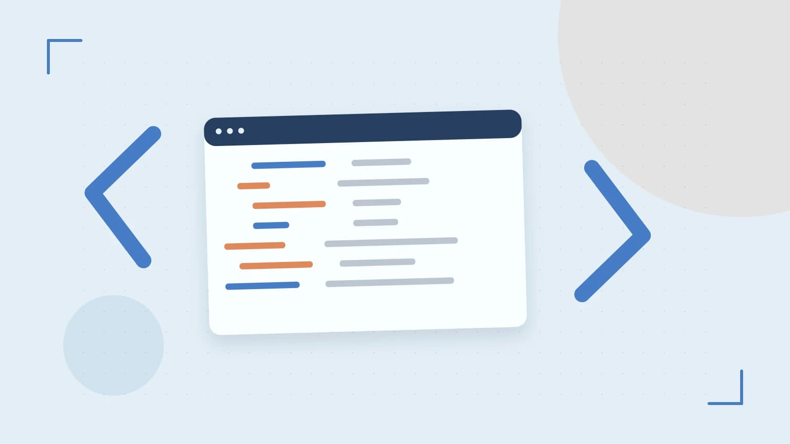 Editorial illustration of an abstract code editor, syntax blocks and oversized programming brackets