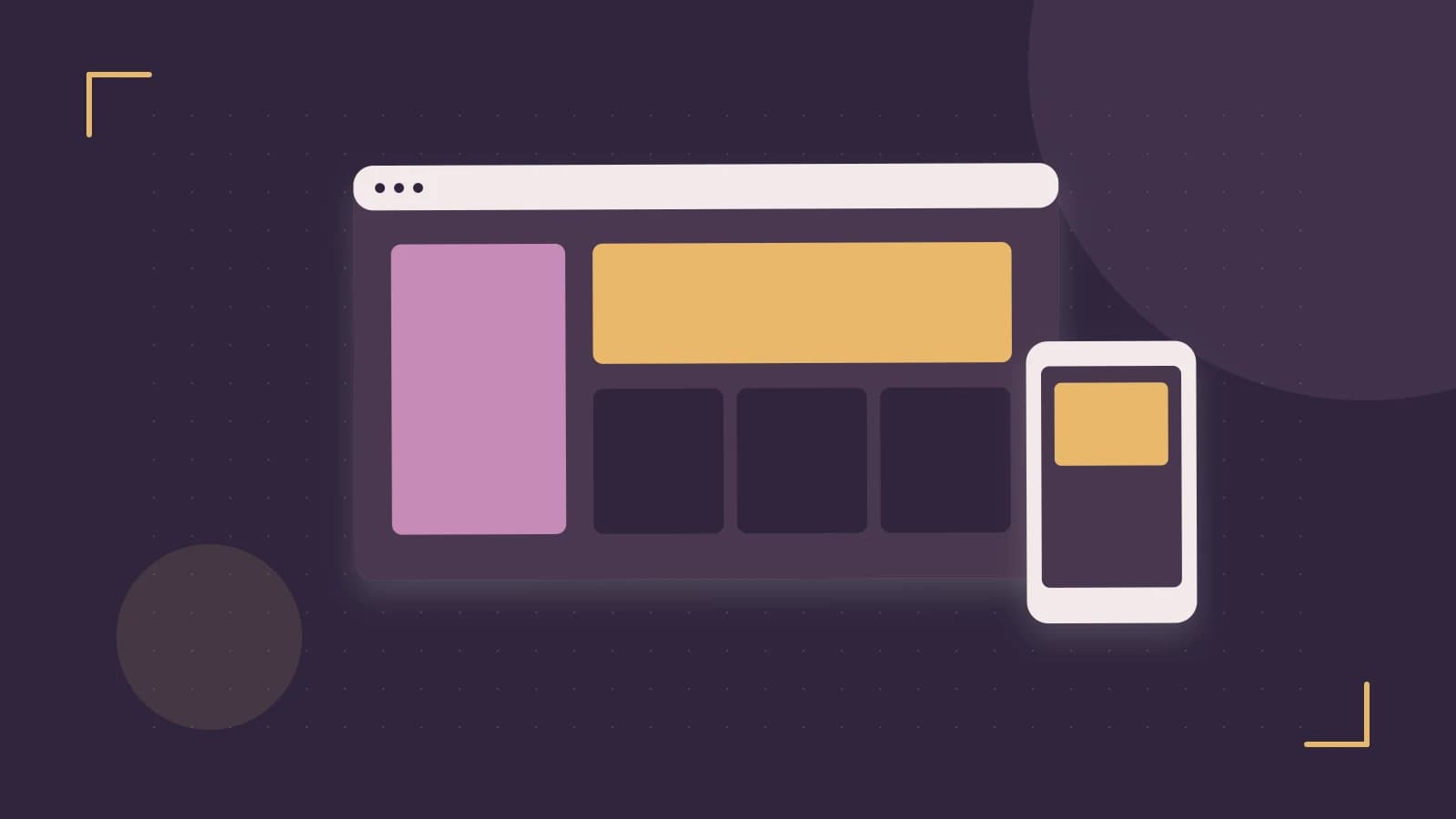 Editorial illustration of responsive browser layouts, overlapping design components and a color system
