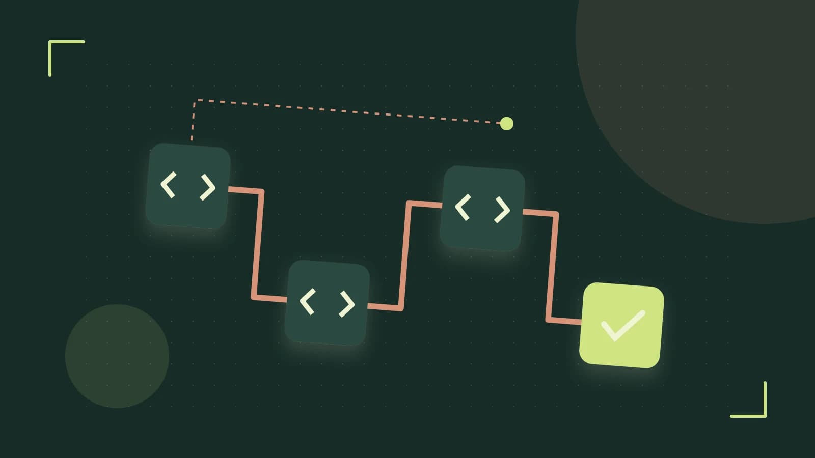 Editorial illustration of a branching build pipeline, staged transformations and a completed check