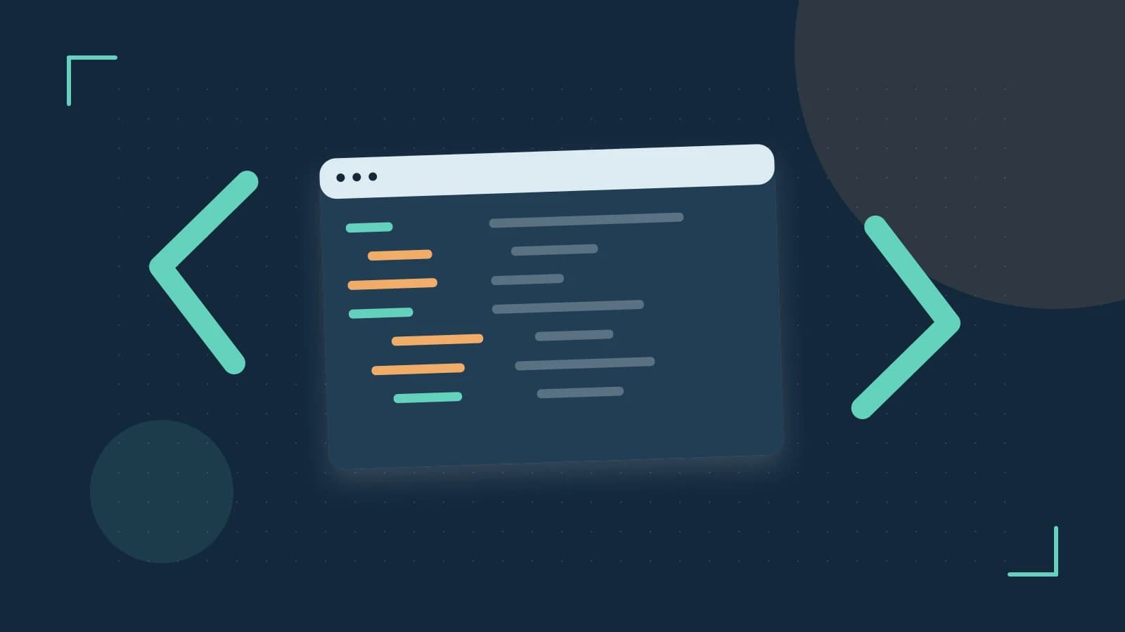 Editorial illustration of an abstract code editor, syntax blocks and oversized programming brackets