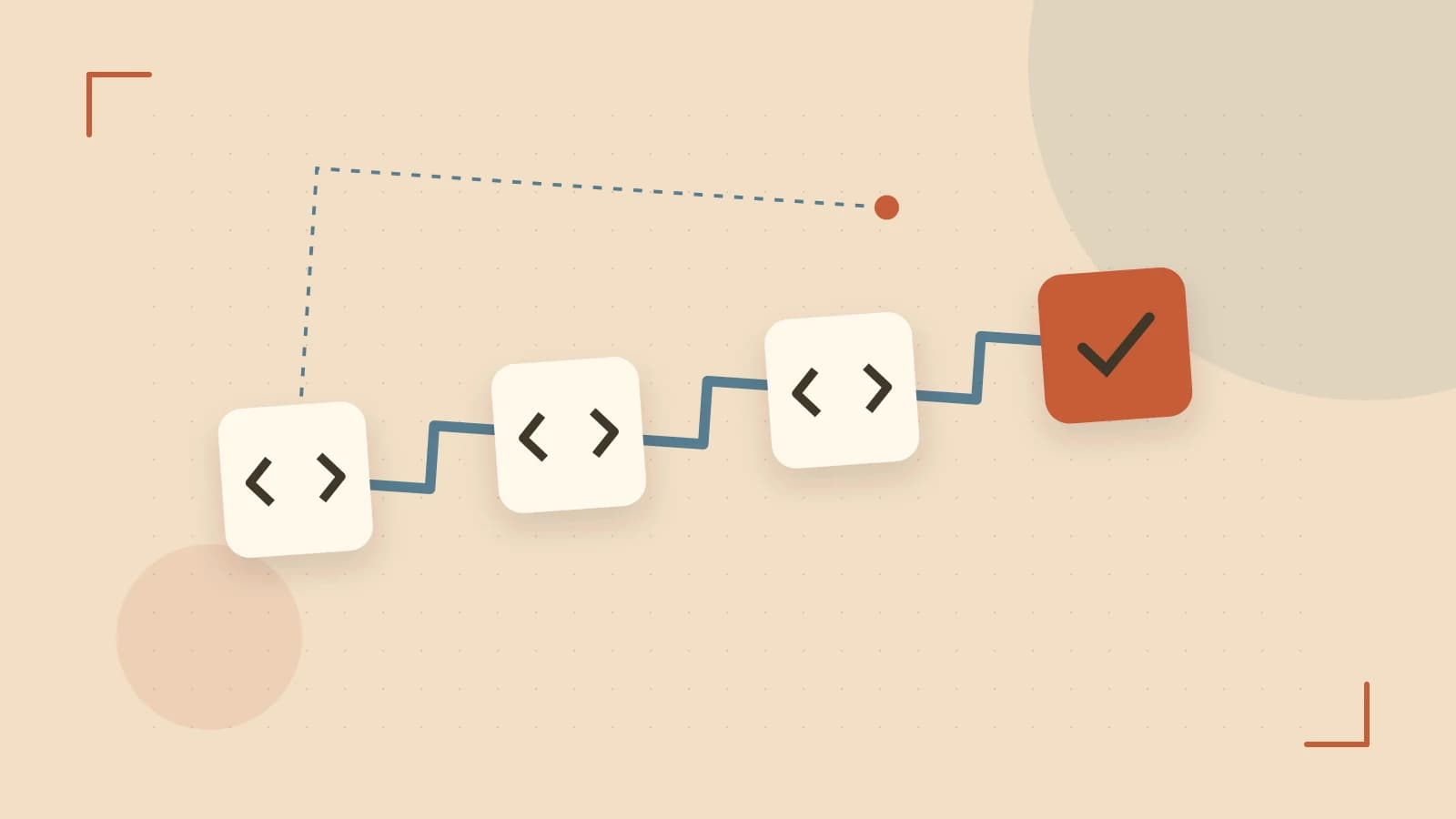 Editorial illustration of a branching build pipeline, staged transformations and a completed check