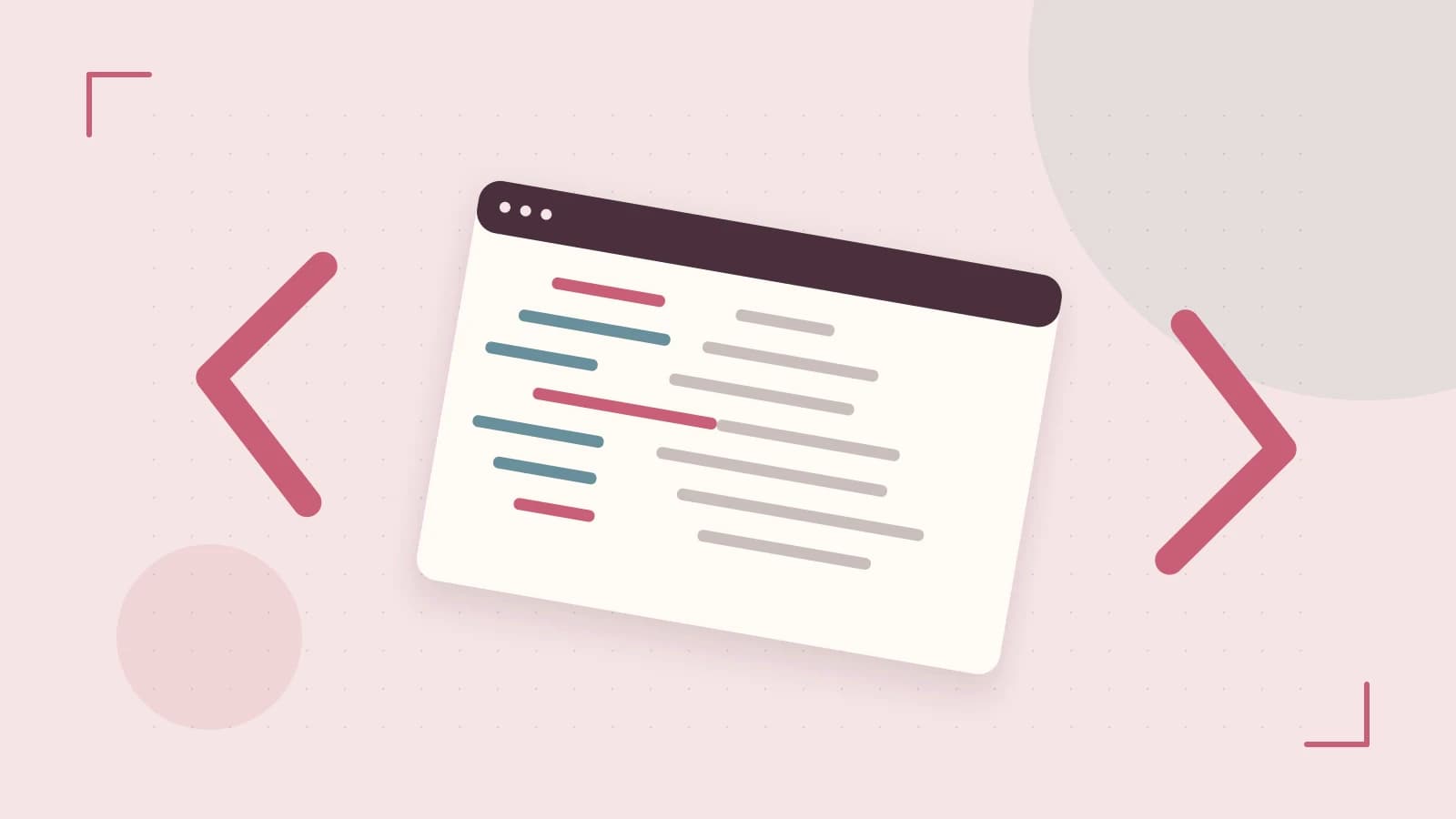 Editorial illustration of an abstract code editor, syntax blocks and oversized programming brackets