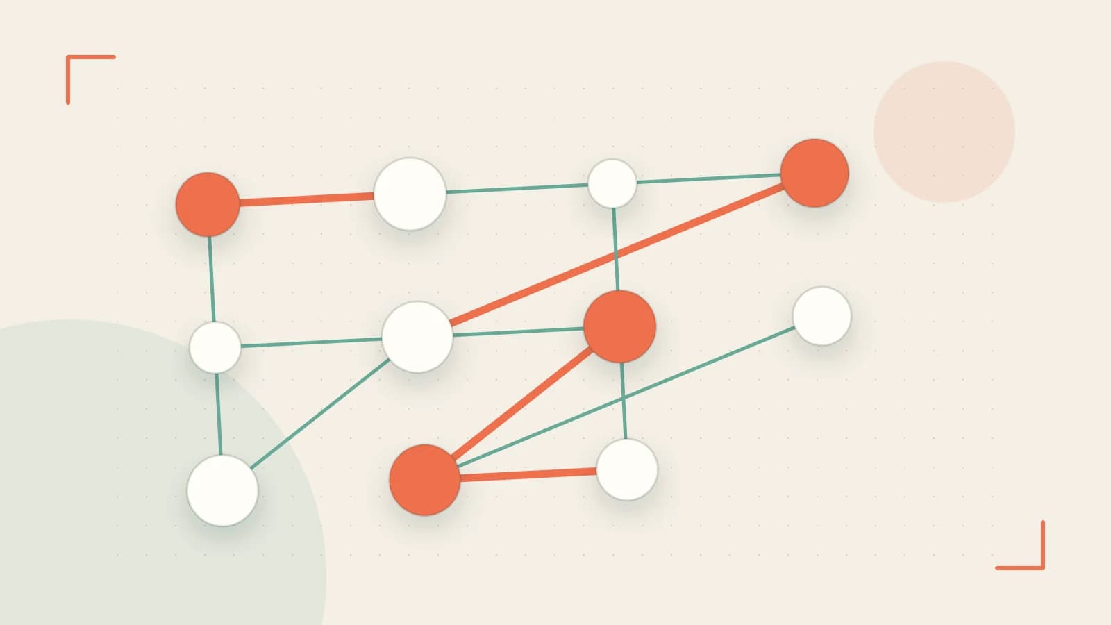 Editorial illustration of an algorithmic node graph with branching paths and a highlighted result