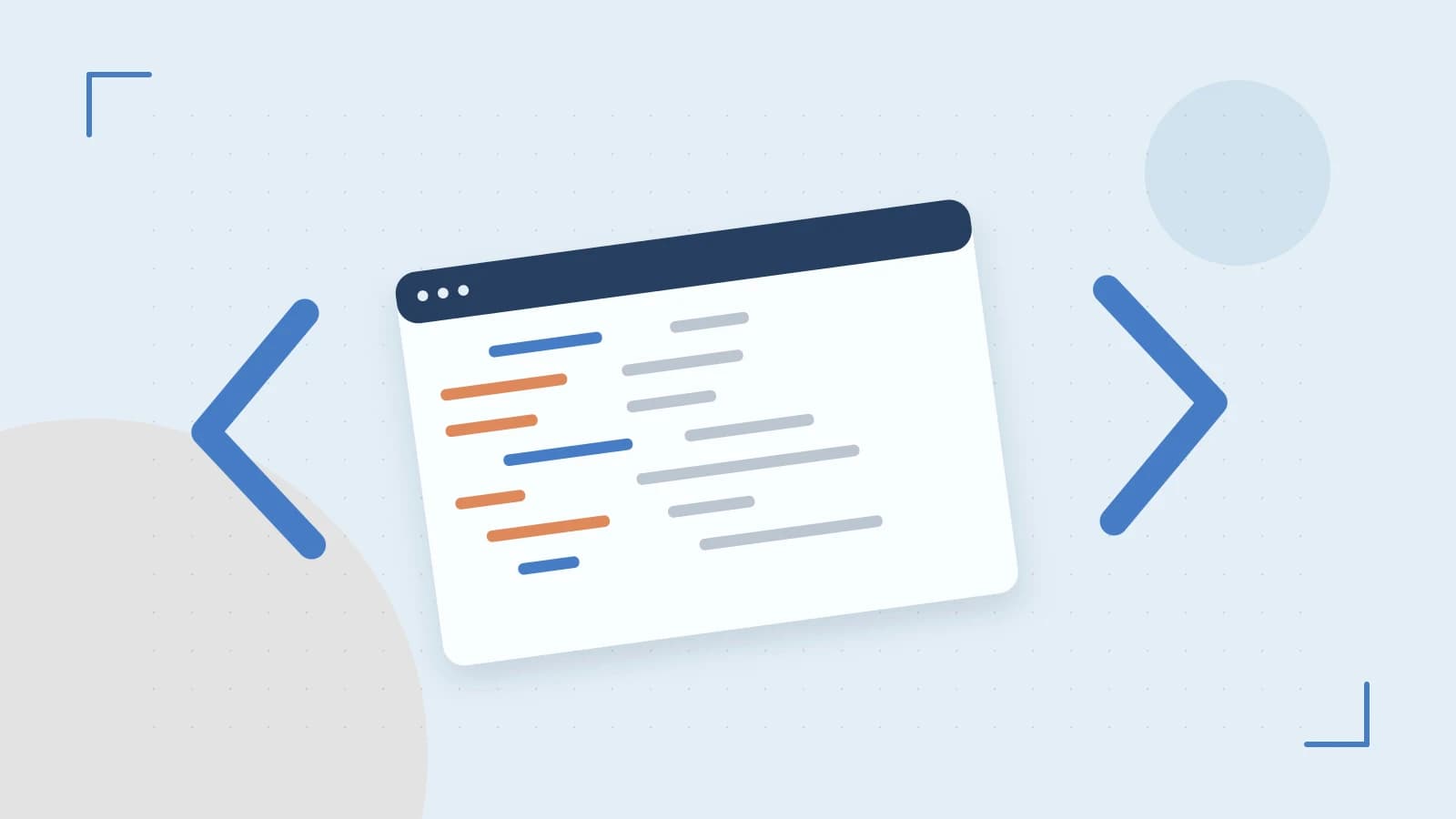 Editorial illustration of an abstract code editor, syntax blocks and oversized programming brackets