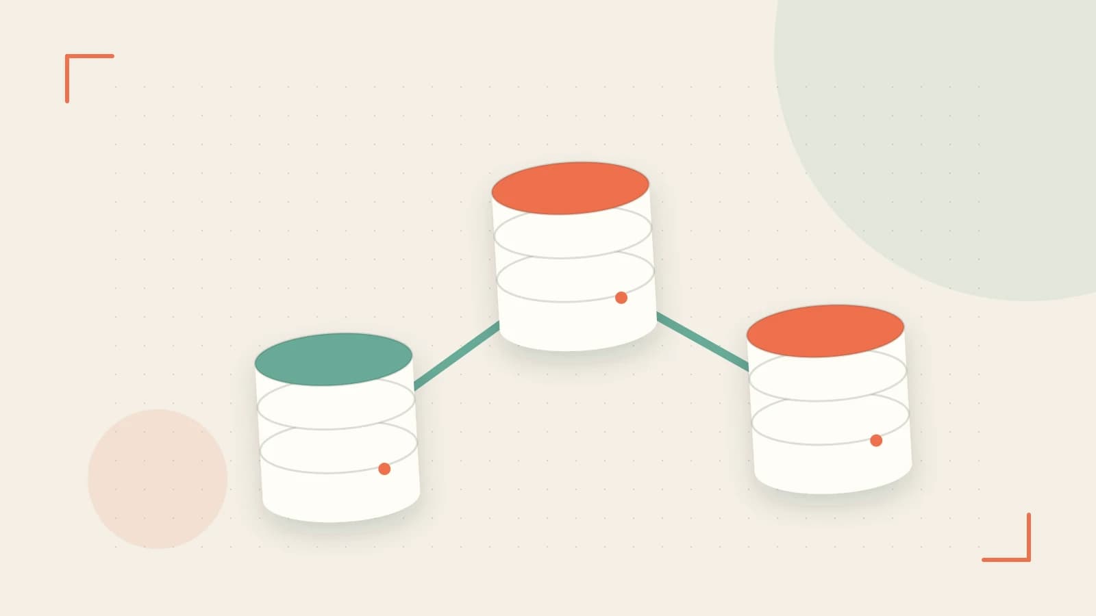 Editorial illustration of structured records, database cylinders and relationships between tables