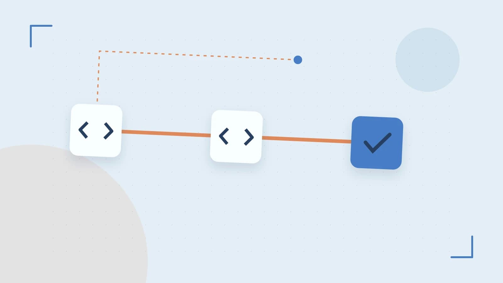 Editorial illustration of a branching build pipeline, staged transformations and a completed check