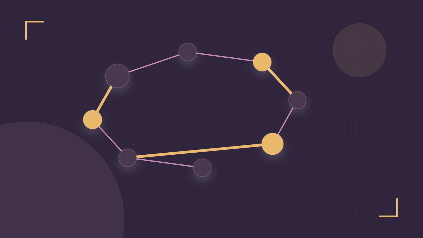 Editorial illustration of an algorithmic node graph with branching paths and a highlighted result
