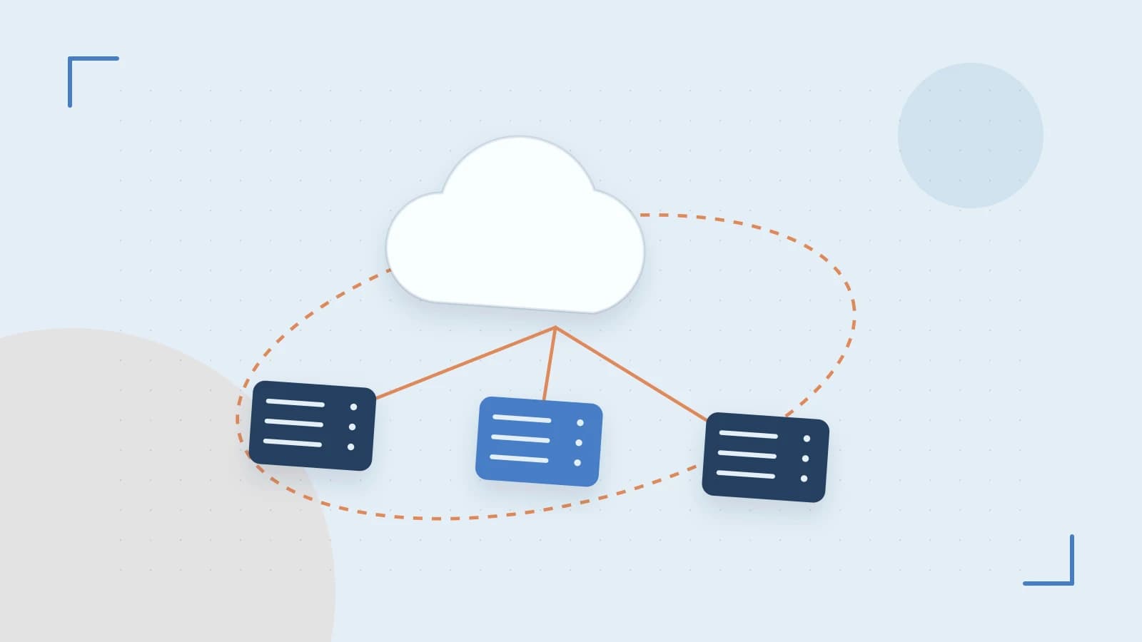 Editorial illustration of cloud infrastructure, connected server racks and an orbital service map