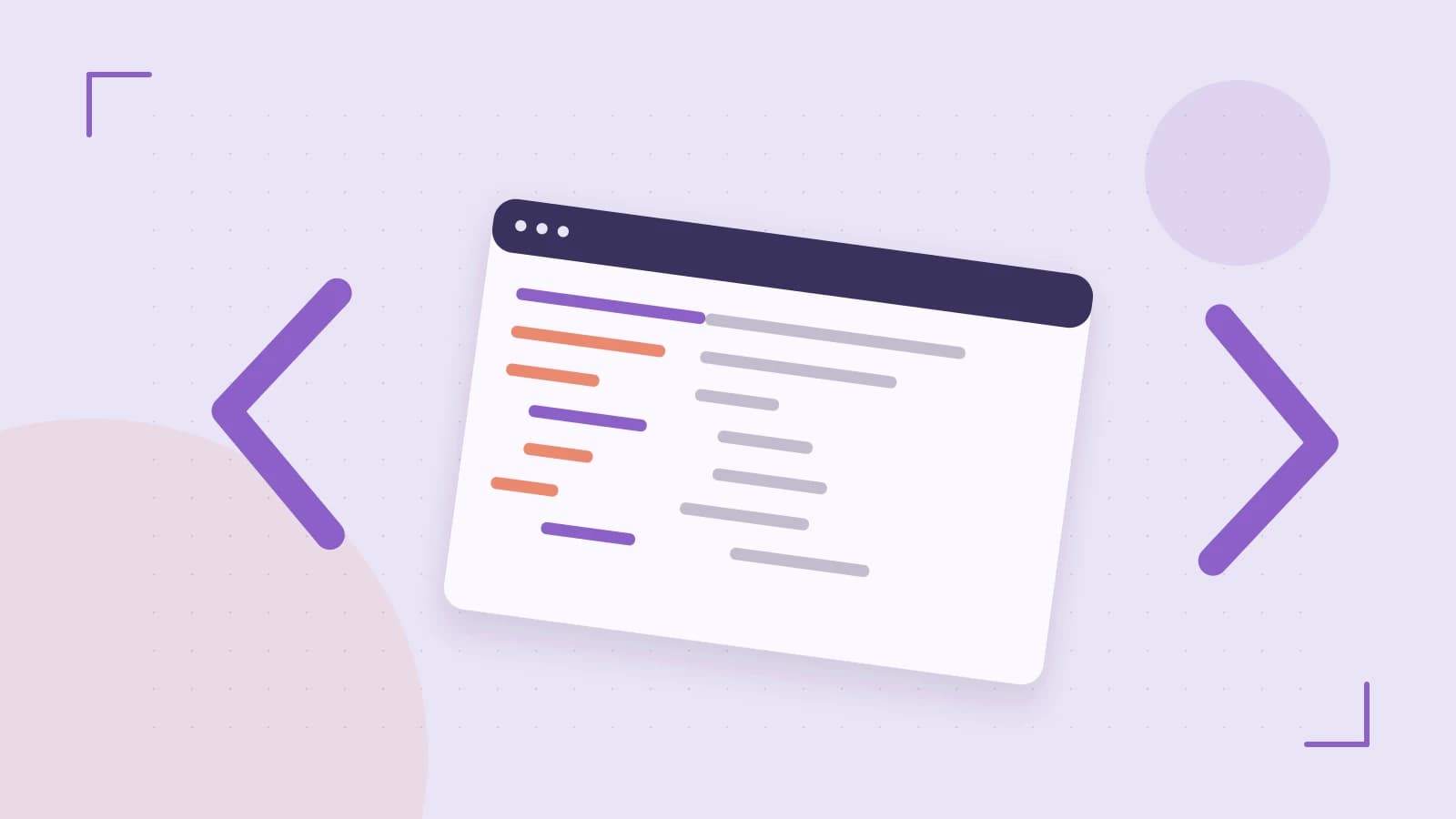 Editorial illustration of an abstract code editor, syntax blocks and oversized programming brackets