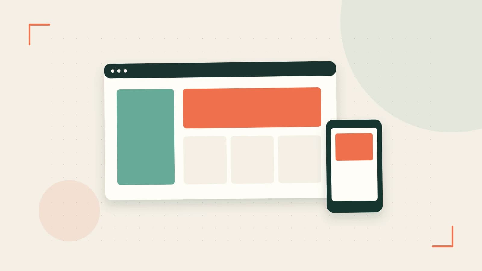 Editorial illustration of responsive browser layouts, overlapping design components and a color system