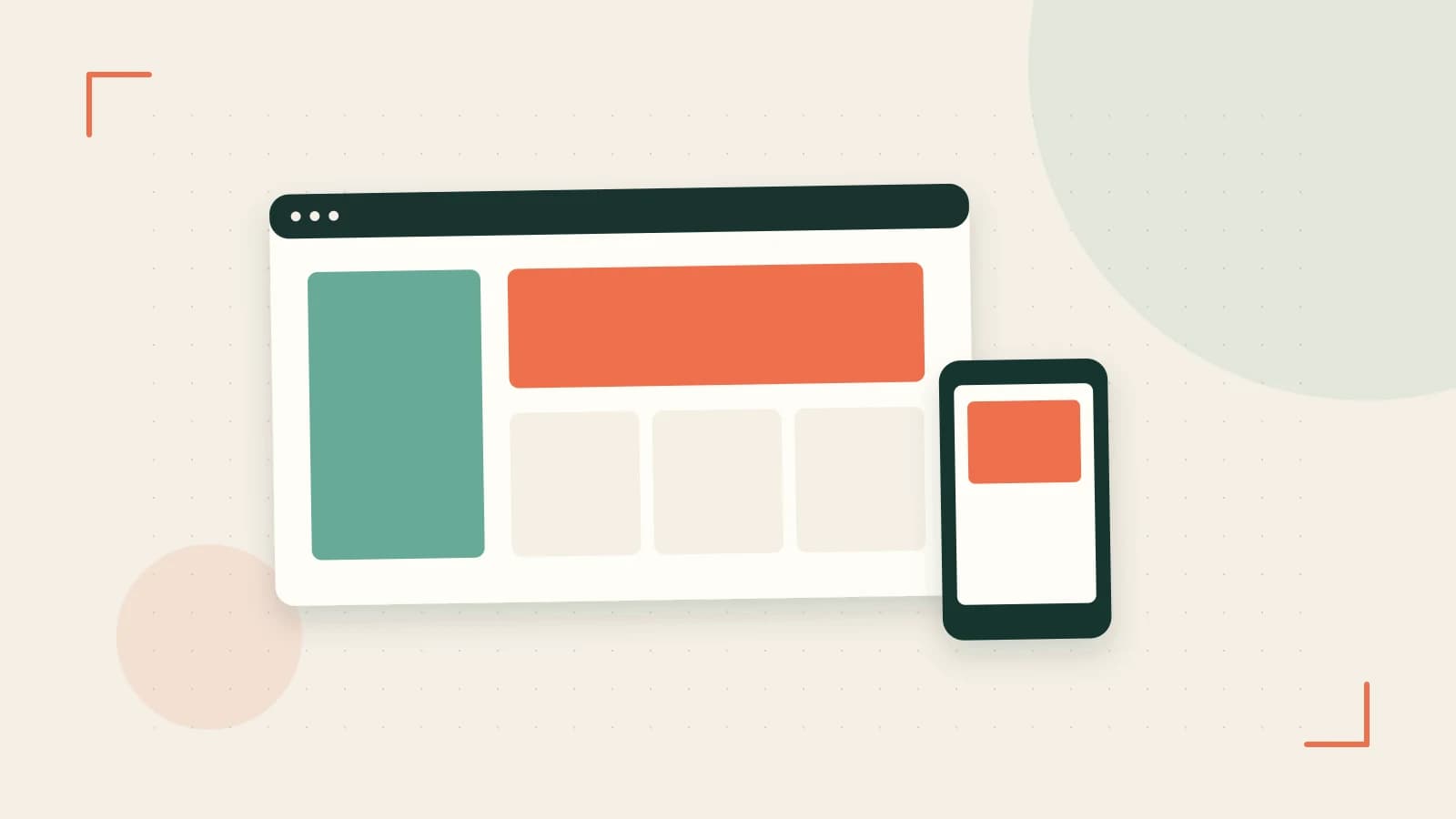 Editorial illustration of responsive browser layouts, overlapping design components and a color system