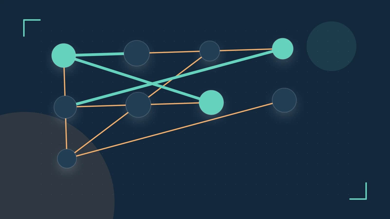 Editorial illustration of an algorithmic node graph with branching paths and a highlighted result
