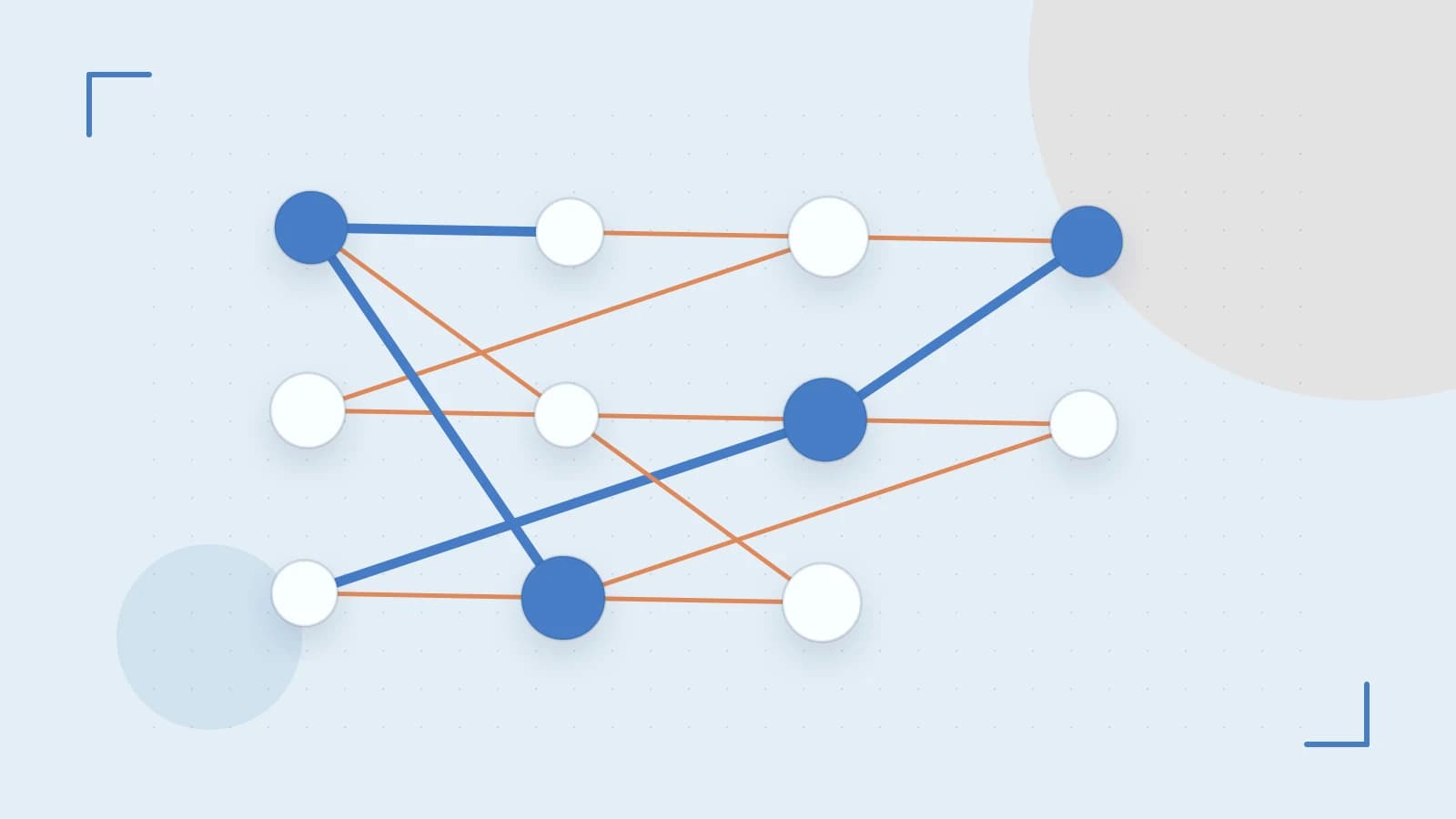 Editorial illustration of an algorithmic node graph with branching paths and a highlighted result