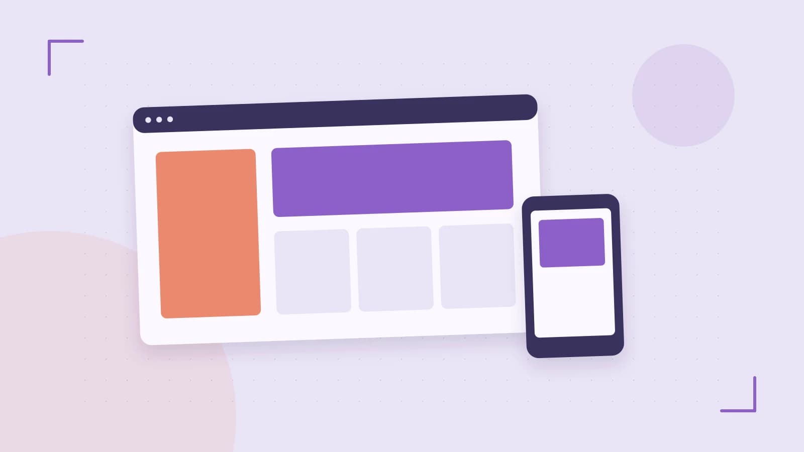 Editorial illustration of responsive browser layouts, overlapping design components and a color system