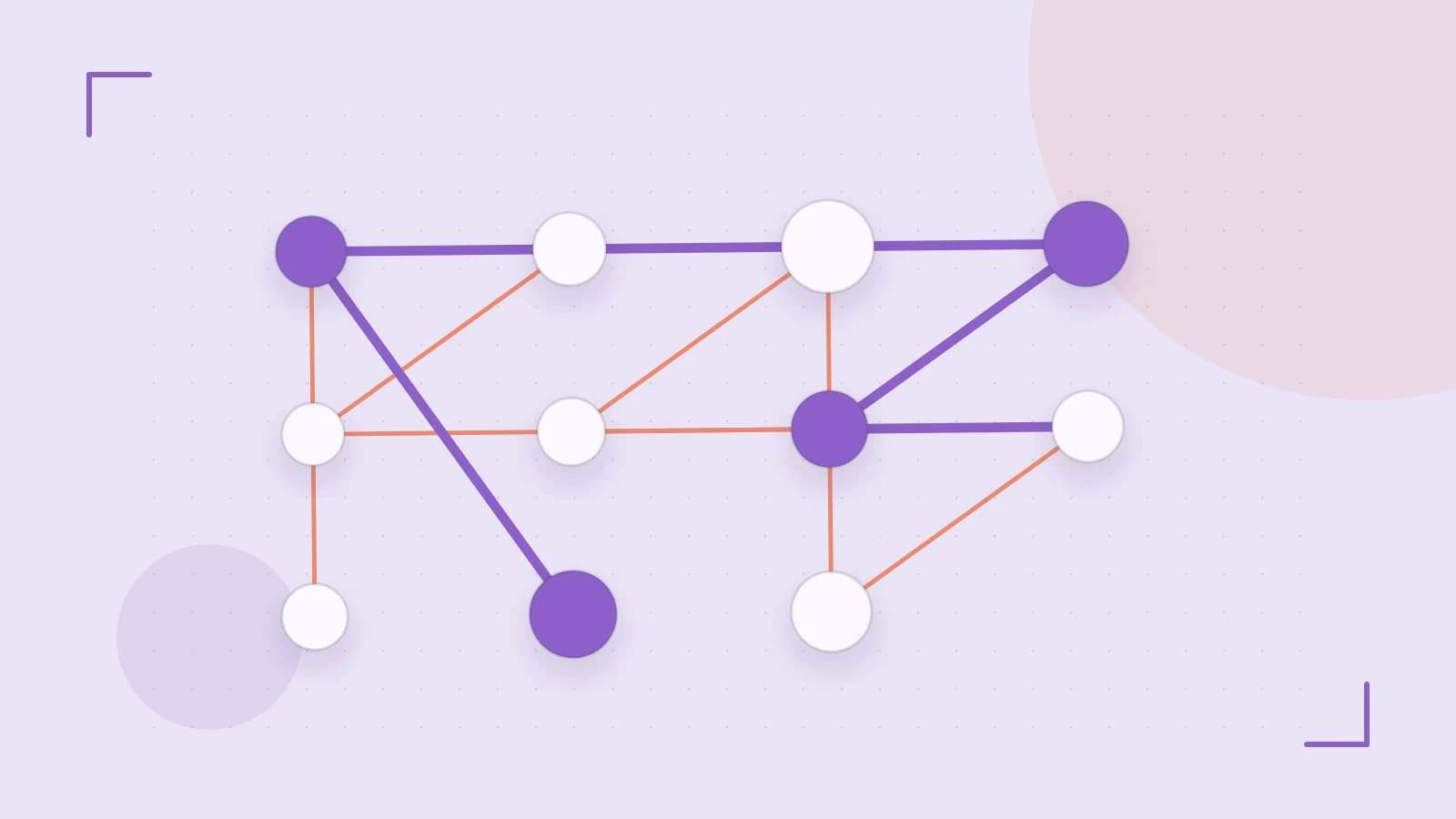 Editorial illustration of an algorithmic node graph with branching paths and a highlighted result