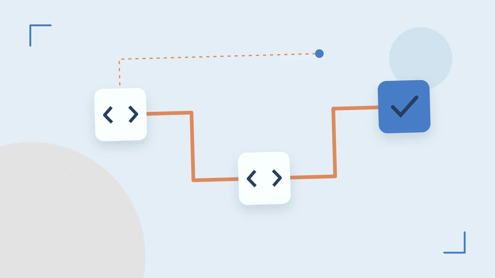 Editorial illustration of a branching build pipeline, staged transformations and a completed check