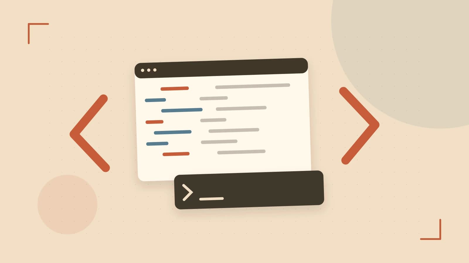 Editorial illustration of an abstract code editor, syntax blocks and oversized programming brackets