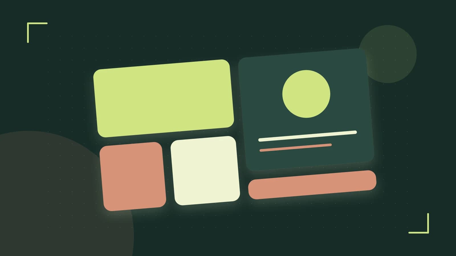 Editorial illustration of responsive browser layouts, overlapping design components and a color system