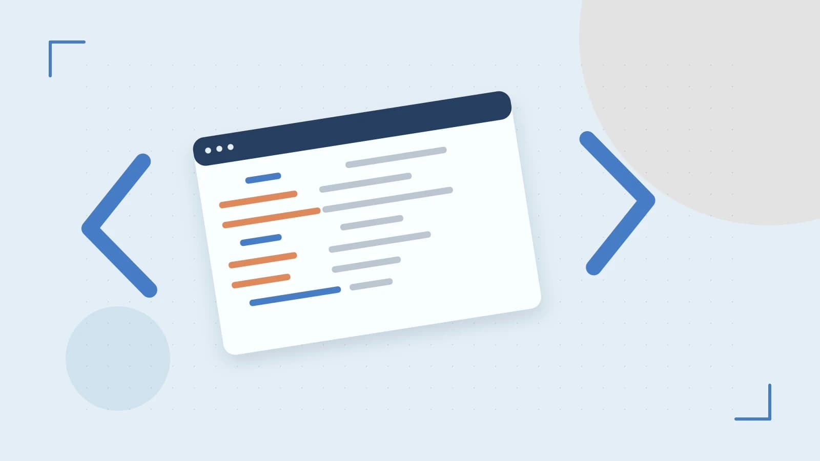 Editorial illustration of an abstract code editor, syntax blocks and oversized programming brackets