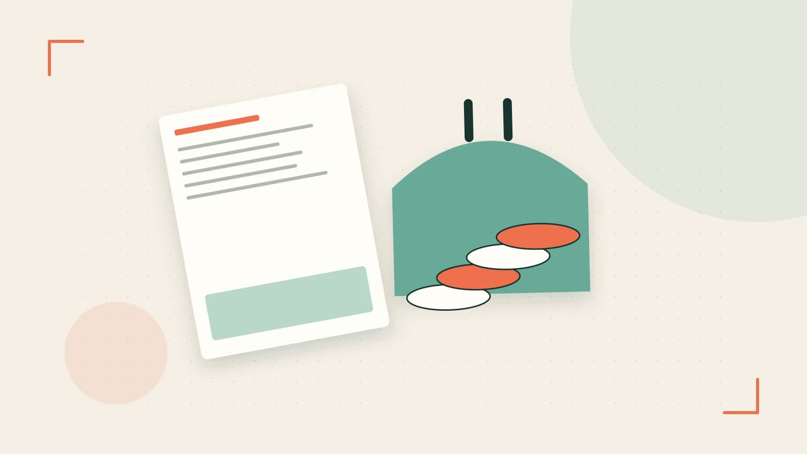 Editorial illustration of abstract coins, a payment card and a geometric financial chart without data labels