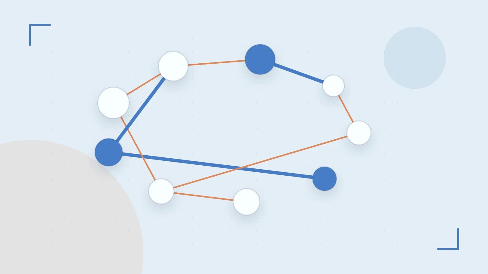 Editorial illustration of an algorithmic node graph with branching paths and a highlighted result