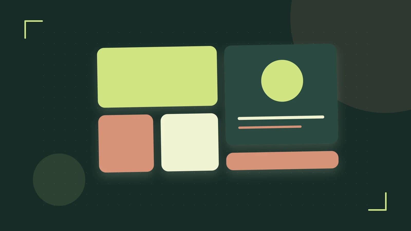 Editorial illustration of responsive browser layouts, overlapping design components and a color system