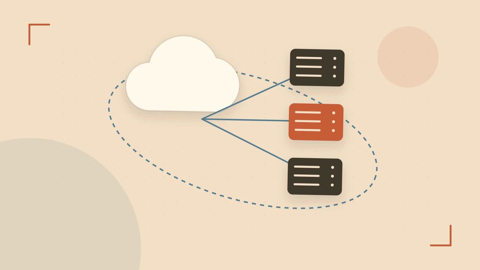 Editorial illustration of cloud infrastructure, connected server racks and an orbital service map