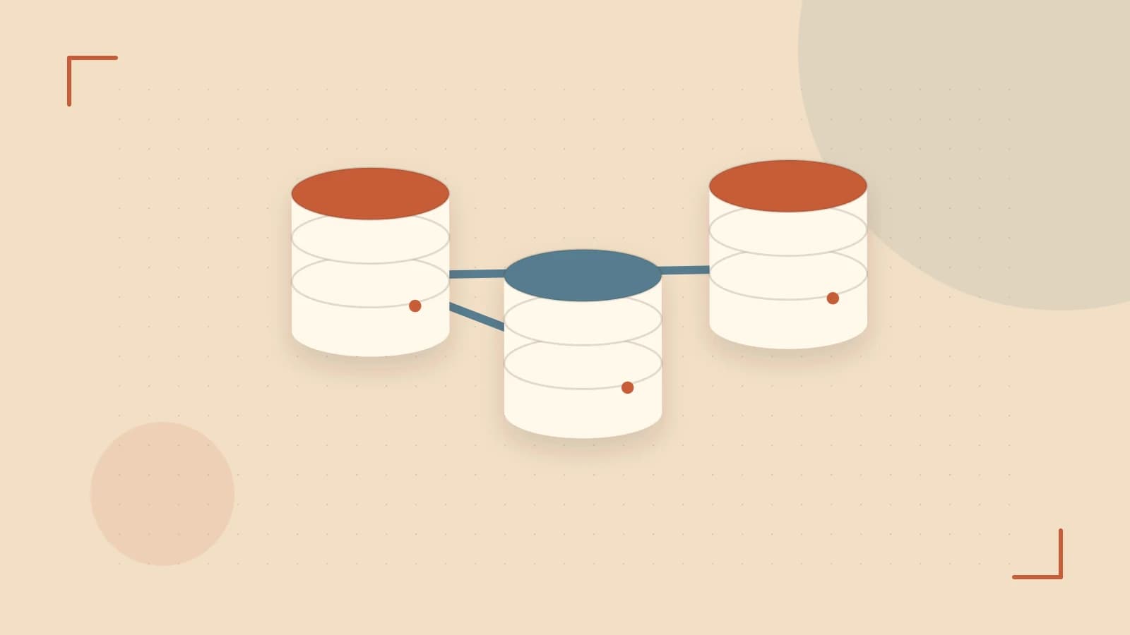 Editorial illustration of structured records, database cylinders and relationships between tables