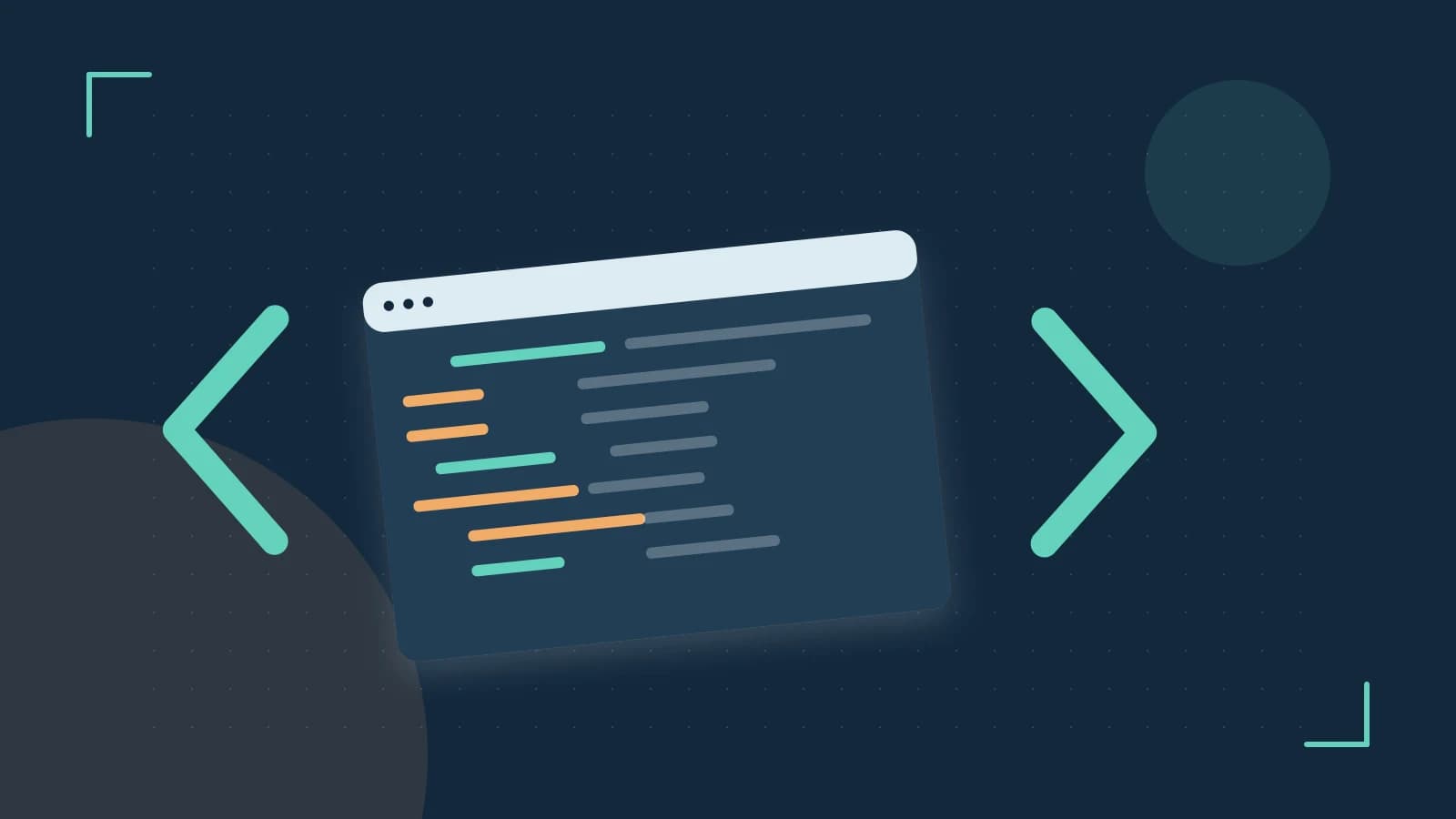Editorial illustration of an abstract code editor, syntax blocks and oversized programming brackets