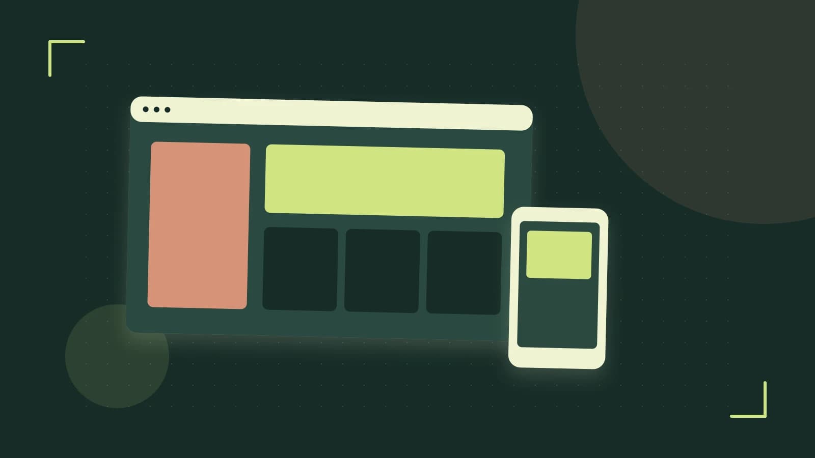 Editorial illustration of responsive browser layouts, overlapping design components and a color system