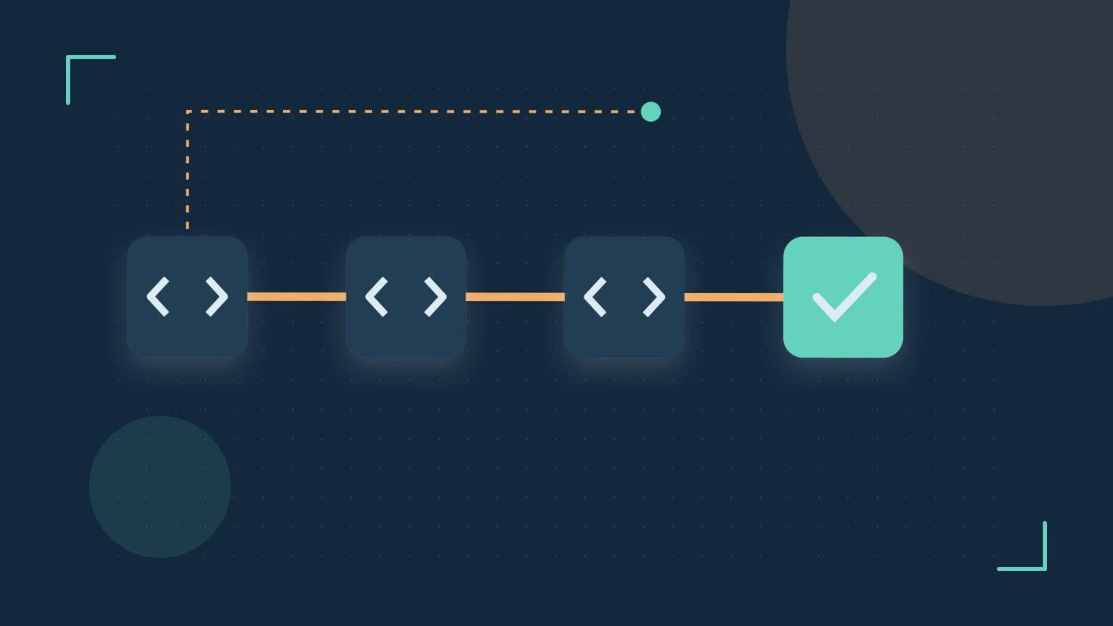 Editorial illustration of a branching build pipeline, staged transformations and a completed check