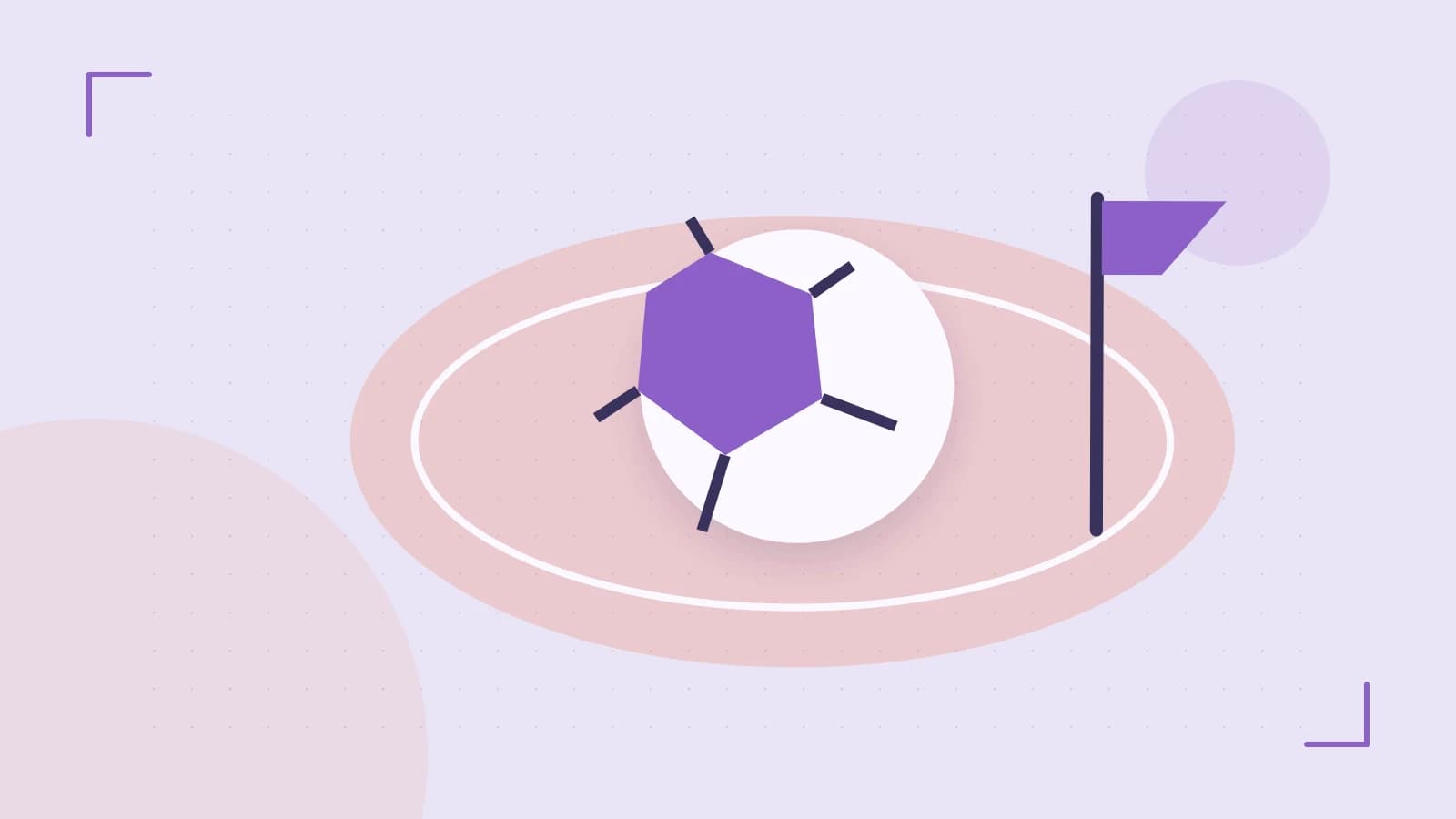 Editorial illustration of a stylized sports ball, stadium geometry and dynamic arcs